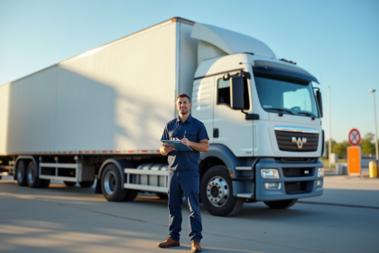 Conducteur de camion professionnel à côté d'un camion moderne