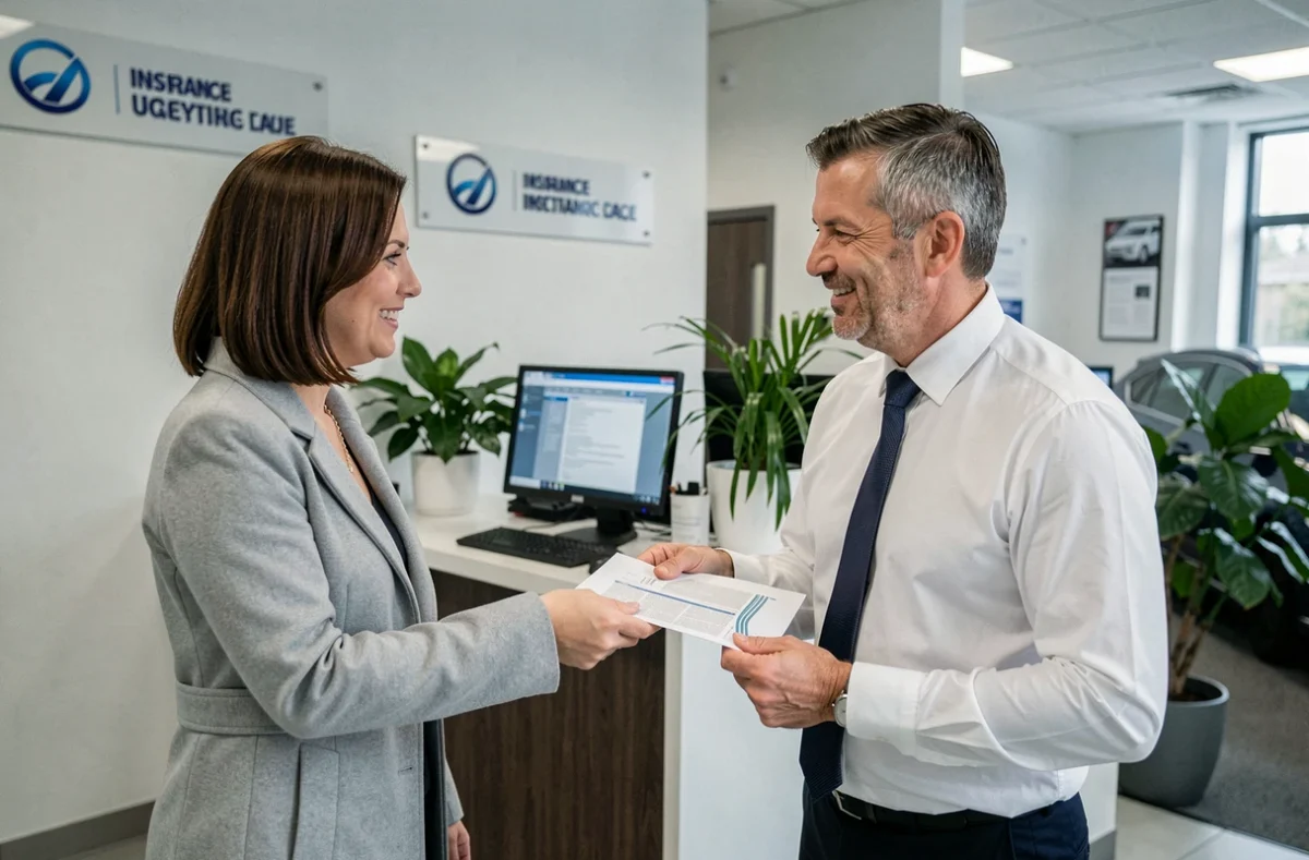 Cliente remettant son relevé de bonus assurance auto à un conseiller dans une agence d'assurance
