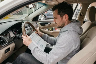 Homme consultant le manuel du propriétaire pour trouver le code autoradio à partir du numéro VIN dans son véhicule
