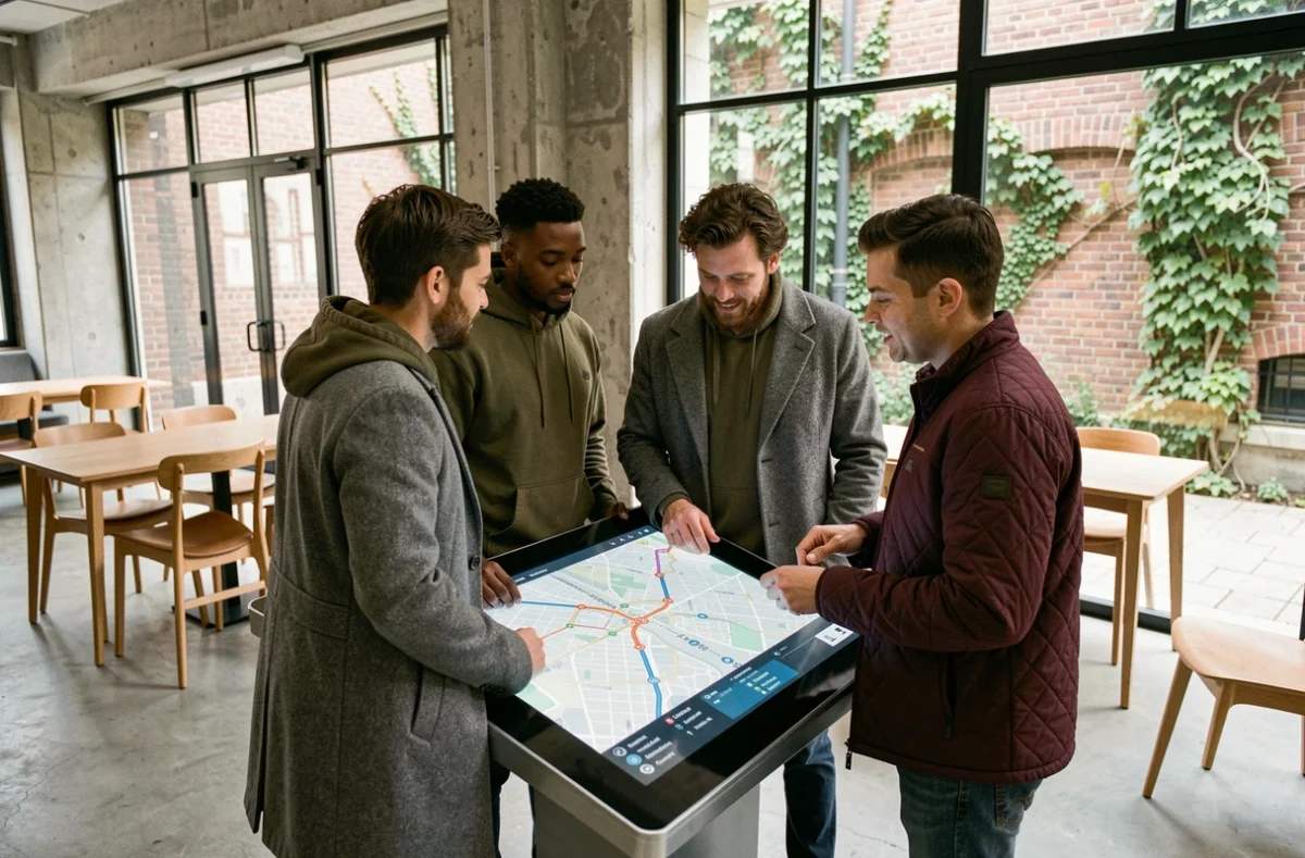 Groupe de collègues consultant une carte de mobilité urbaine sur un kiosque numérique dans un espace coworking parisien