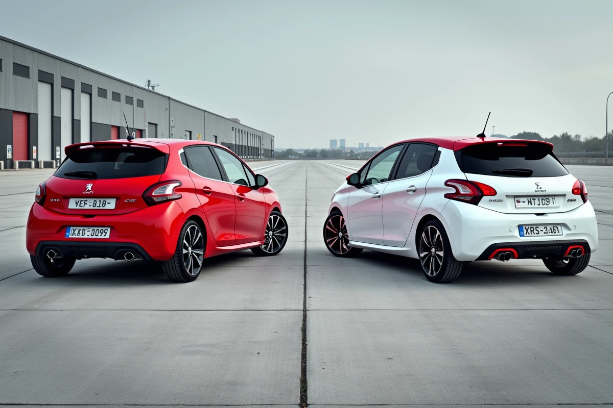 Comparaison de deux Peugeot 208 GTI côte à côte, modèle standard rouge et édition 30th Anniversary blanche toit rouge, vue arrière grand angle
