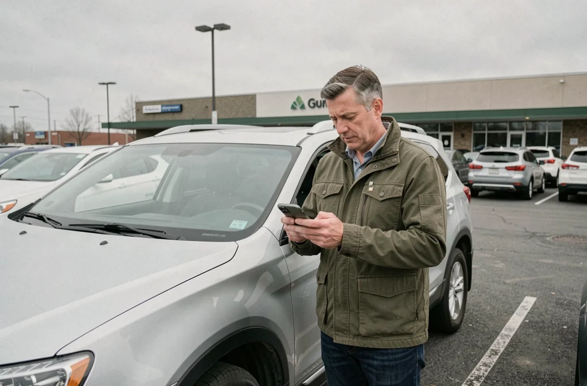 Homme comparant une assurance auto bancaire sur son smartphone à côté de son véhicule