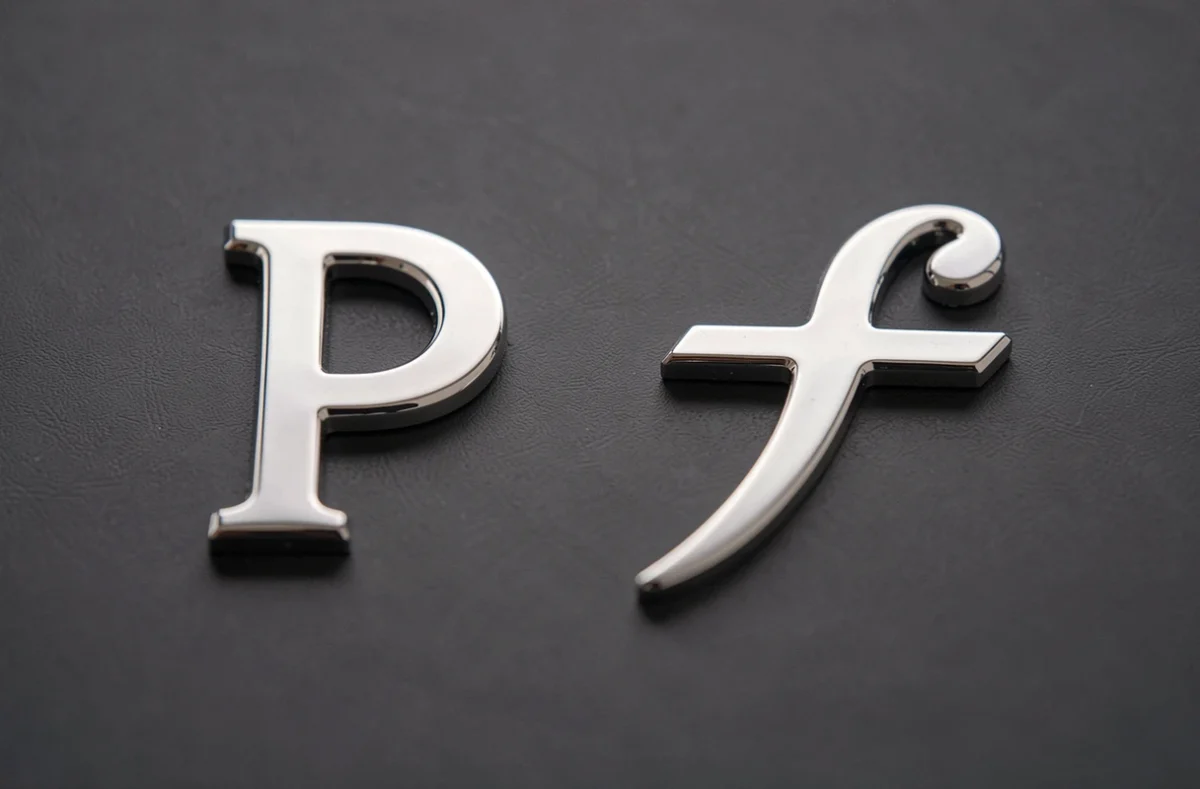Comparaison des badges automobiles logo P et Pininfarina en chrome sur fond sombre