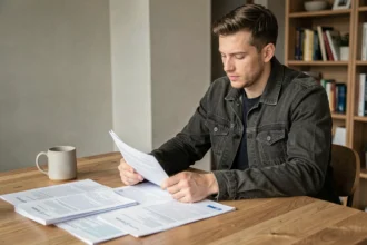 Homme comparant des contrats d'assurance moto à la maison avant de signer