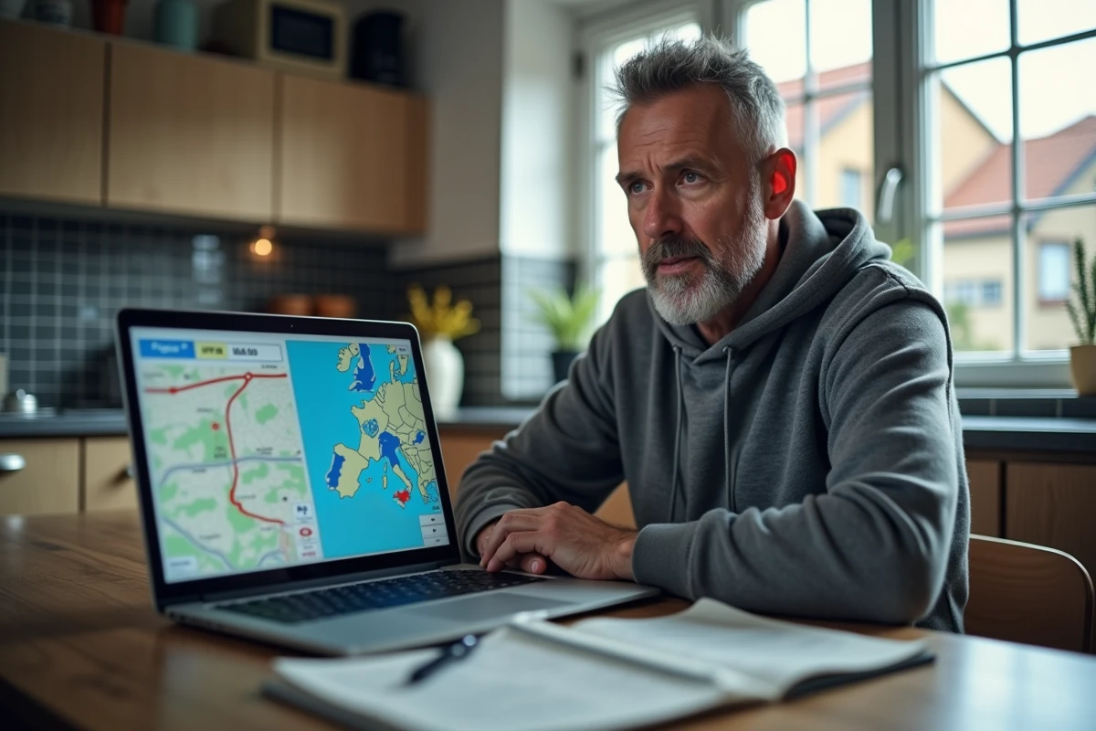 Homme comparant des itinéraires GPS gratuits et payants sur un ordinateur portable avant un trajet autoroutier