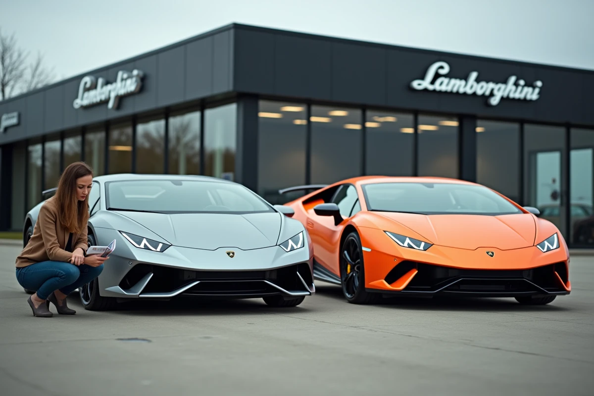 Comparaison de deux modèles Lamborghini côte à côte dans un parking de concession automobile, une femme examine le modèle d'entrée de gamme avant de prendre sa décision d'achat