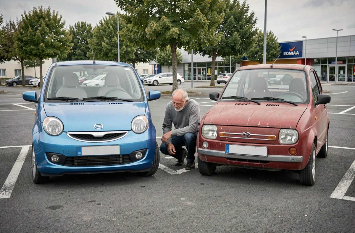 Comparaison de deux voitures sans permis côte à côte dans un parking, modèles entrée de gamme et récent