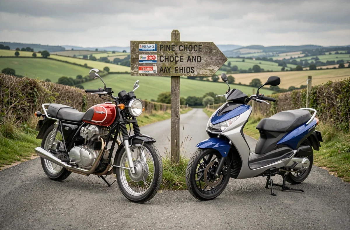 Deux motos côte à côte en campagne illustrant le choix d'une assurance moto via un comparateur