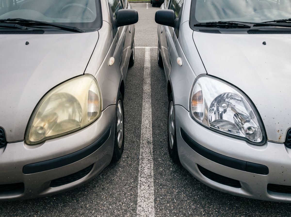 Comparaison entre un phare avant oxydé et un phare restauré sur deux compactes dans un parking