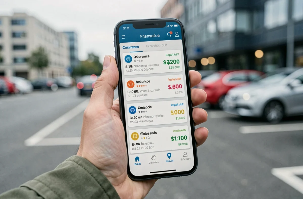 Comparaison de prix d'assurance auto sur smartphone dans un parking à Brest