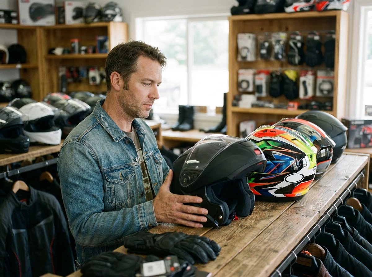 Homme comparant un casque modulable et un casque intégral dans un magasin d'équipement moto