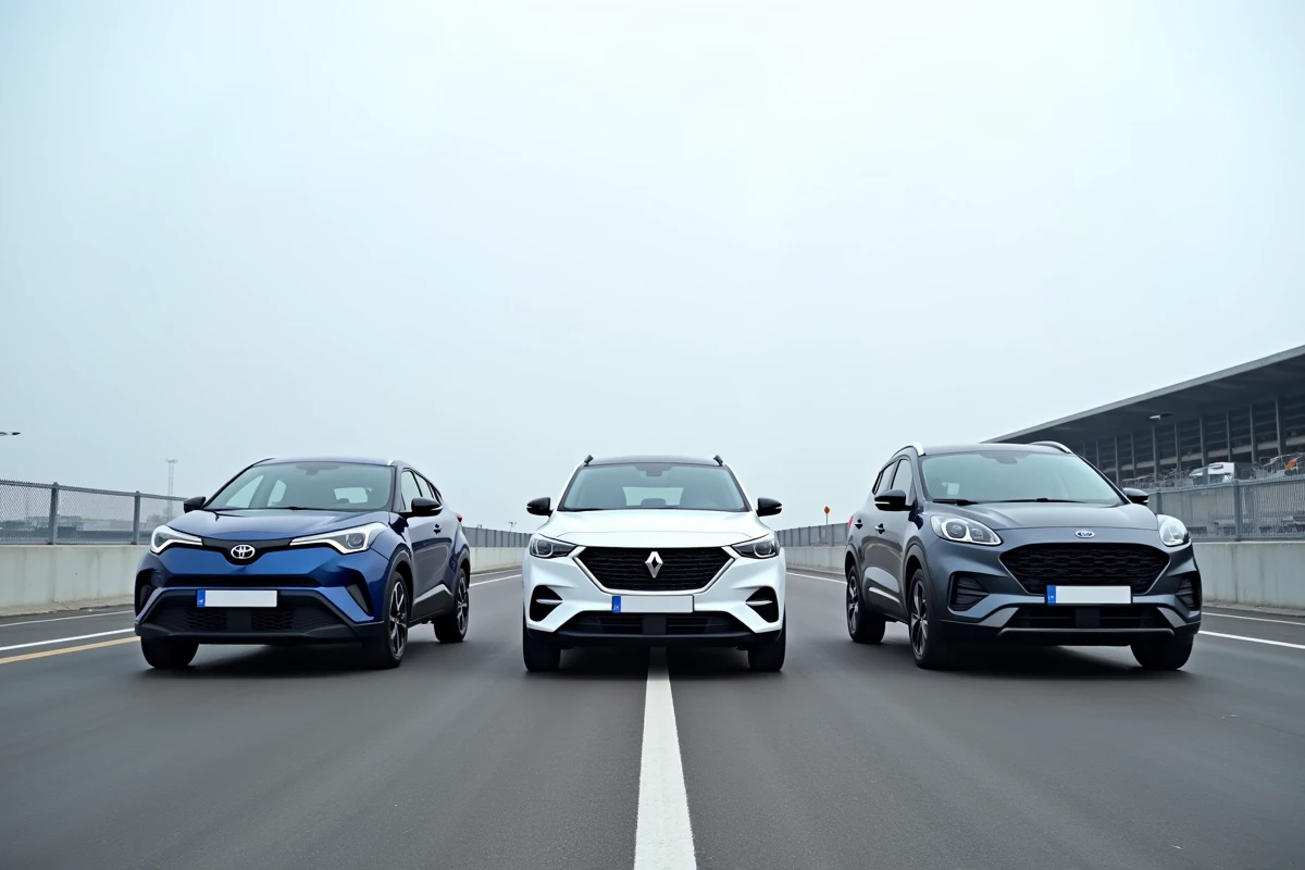 Comparatif frontal Toyota C-HR 2026 face au Renault Austral E-Tech et Ford Kuga PHEV sur circuit d'évaluation automobile