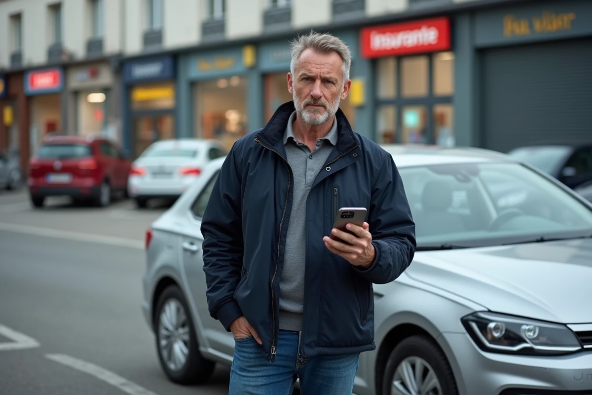Homme comparant des offres d'assurance auto sur smartphone à côté de sa voiture