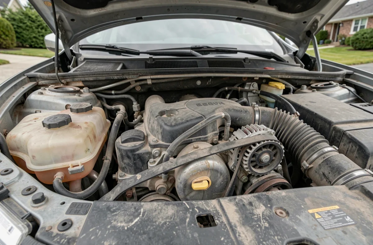 Gros plan sur le compartiment moteur d'une Mégane 3 avec réservoir de liquide de frein, courroie et boîtier de filtre à air visibles