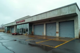 Façade d'une concession automobile fermée avec volets métalliques baissés et enseigne partiellement démontée, parking désert
