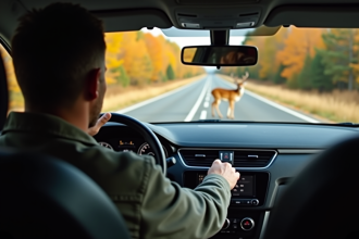 Homme au volant d'une voiture avec un cerf traversant la route
