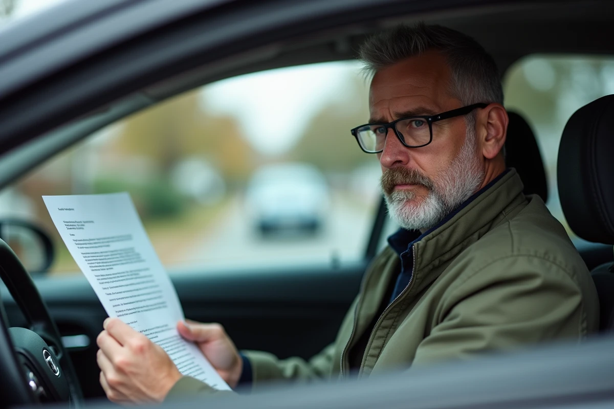 Conducteur lisant une lettre officielle concernant la suspension de son permis de conduire assis dans sa voiture