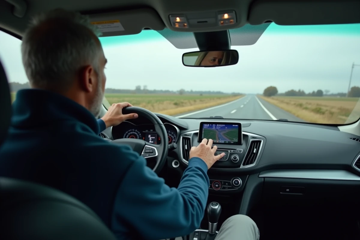 Homme au volant d'une berline sur une longue route de campagne consultant la navigation pour un grand trajet