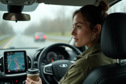 Conductrice consultant son GPS pour éviter l'autoroute à péage et choisir un itinéraire alternatif gratuit