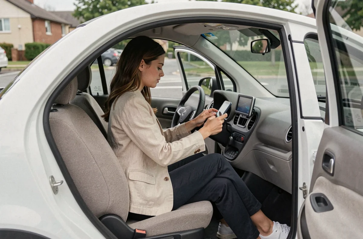 Conductrice assise dans une voiture sans permis électrique Fiat avec affichage numérique au tableau de bord