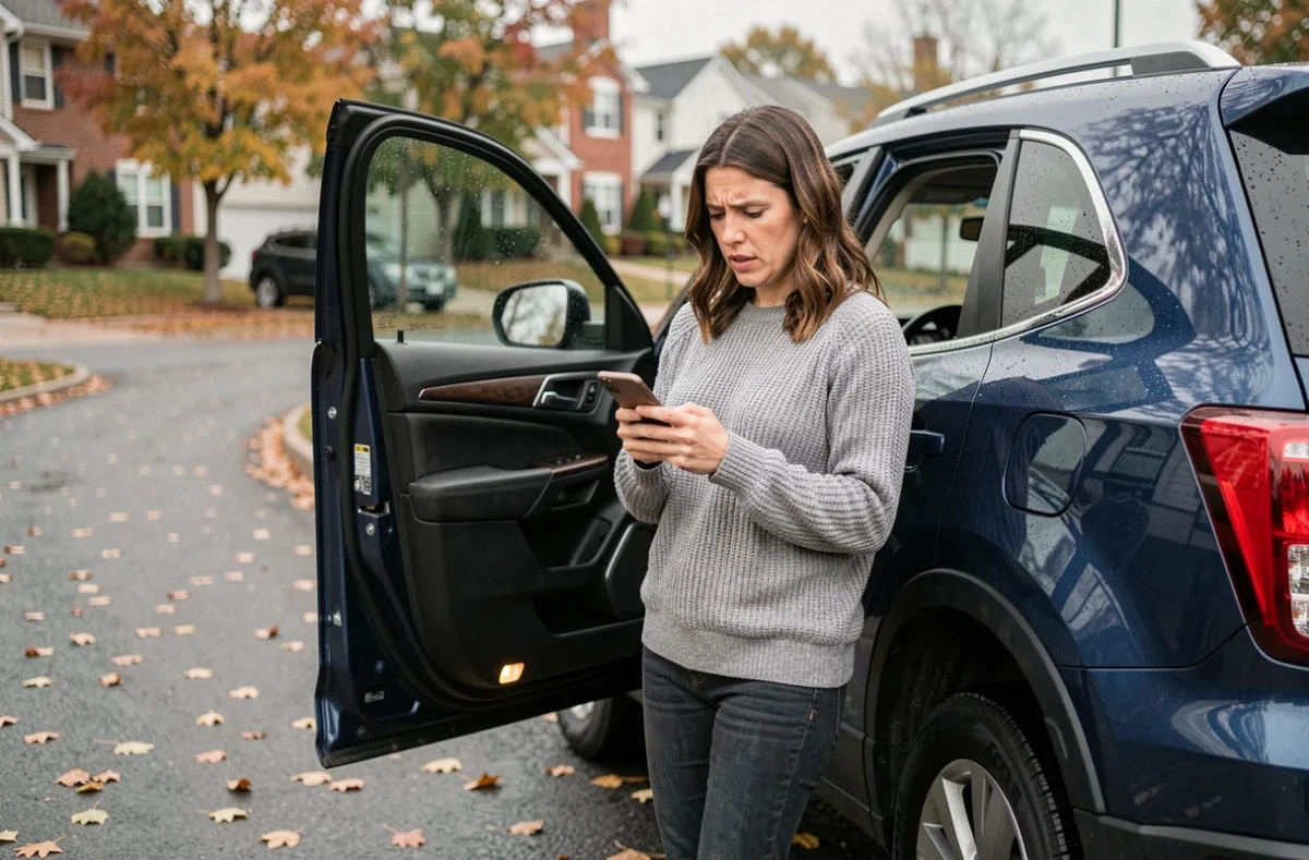 Conductrice inquiète consultant son téléphone à côté de son SUV avec un voyant de défaut allumé