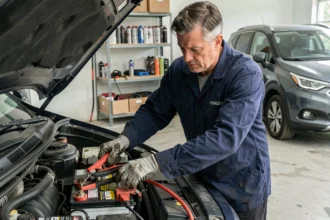 Homme connectant un chargeur de maintien sur la batterie d'une voiture moderne dans un garage résidentiel