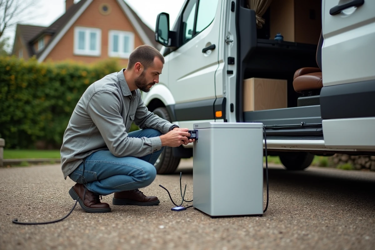 Homme connectant un inverter dans un van aménagé