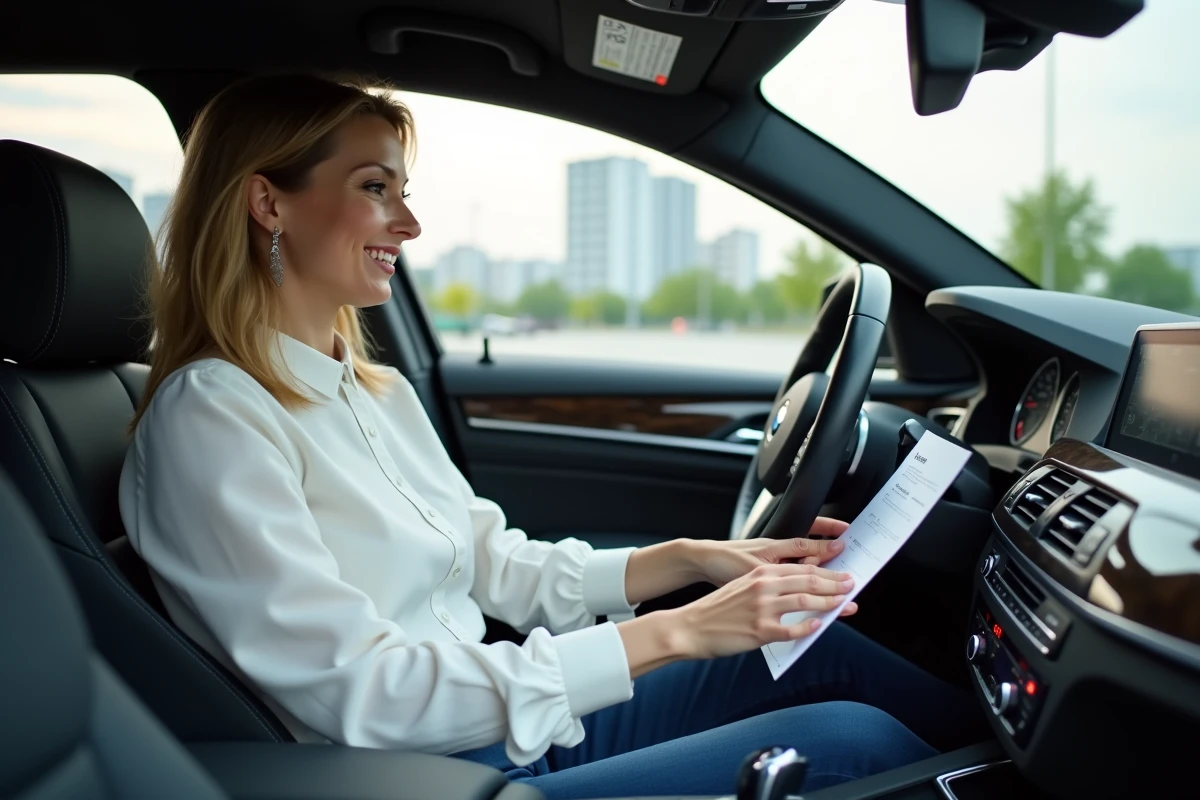 Femme vérifiant le tableau de bord dans une BMW 5 Series