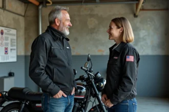 Motocycliste et inspectrice lors d'un contrôle moto