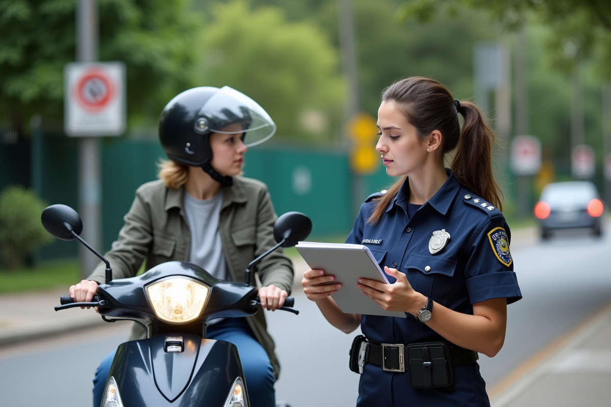 Policiere et jeune femme avec scooter en scene de controle
