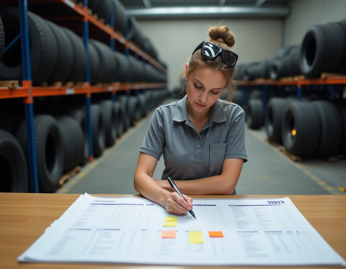 Coordinatrice logistique annotant un calendrier de montage de pneus maxityre dans un entrepôt