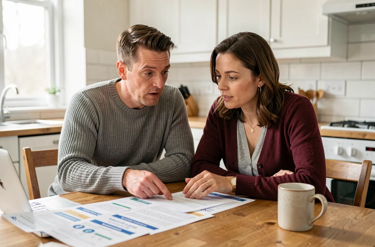 Couple comparant des offres d'assurance auto proposées par leur banque autour d'une table de cuisine