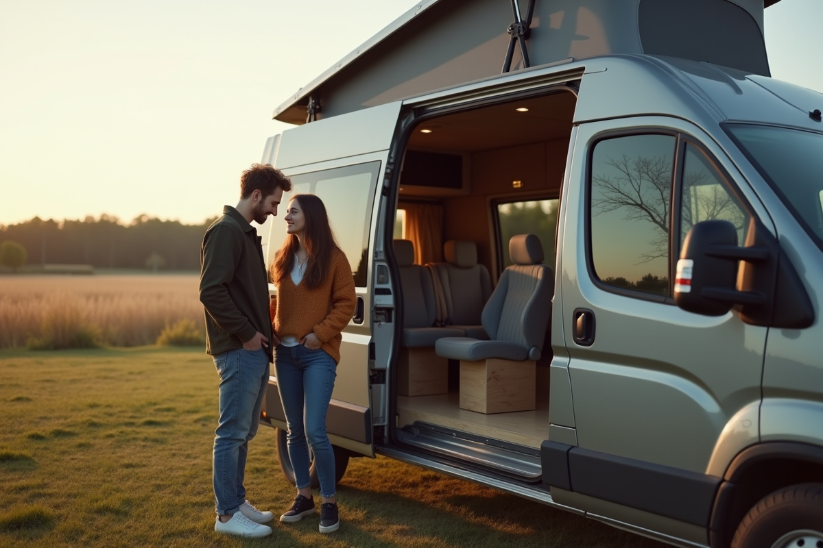 Jeune couple près d’un van aménagé en extérieur