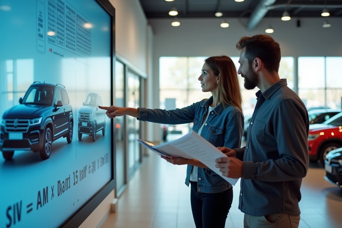 Couple comparant les dimensions de véhicules sur un écran interactif dans une concession automobile