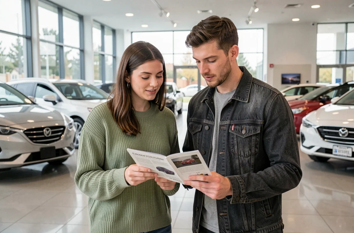 Couple en concession automobile consultant une brochure d'assurance auto avant achat de véhicule