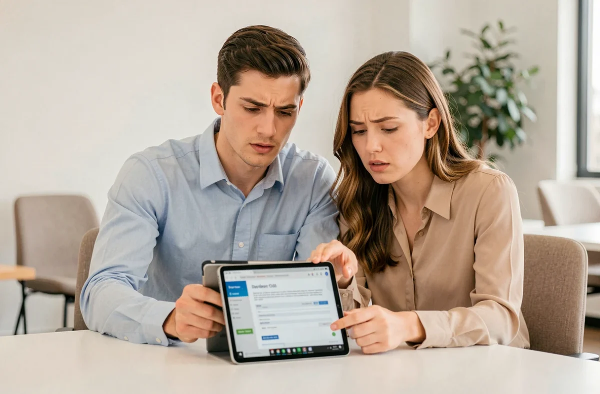Couple étudiant un devis d'assurance automobile sur tablette avec un conseiller, solutions de paiement échelonné