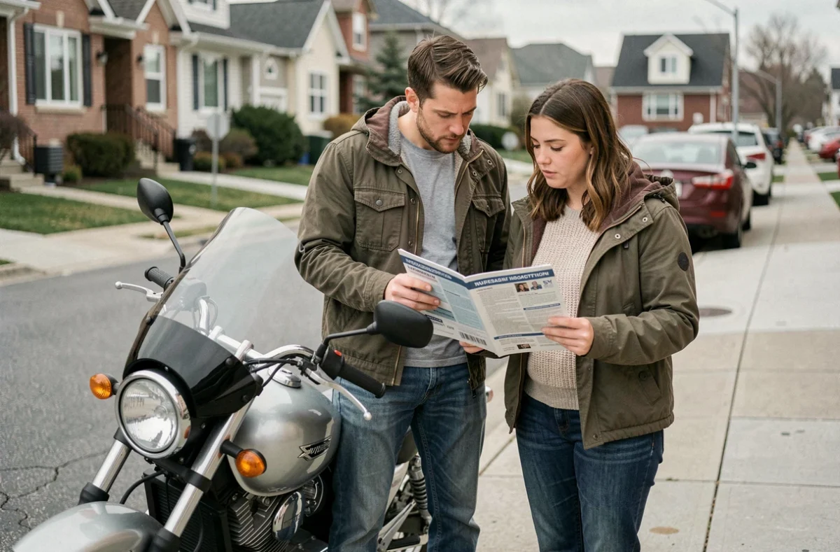 Couple examinant un devis d'assurance moto à côté de leur véhicule dans la rue