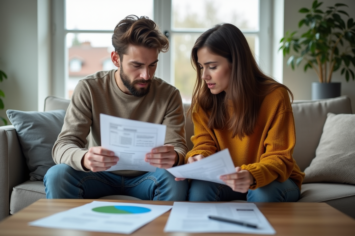 Jeune couple examinant des papiers de voiture à la maison