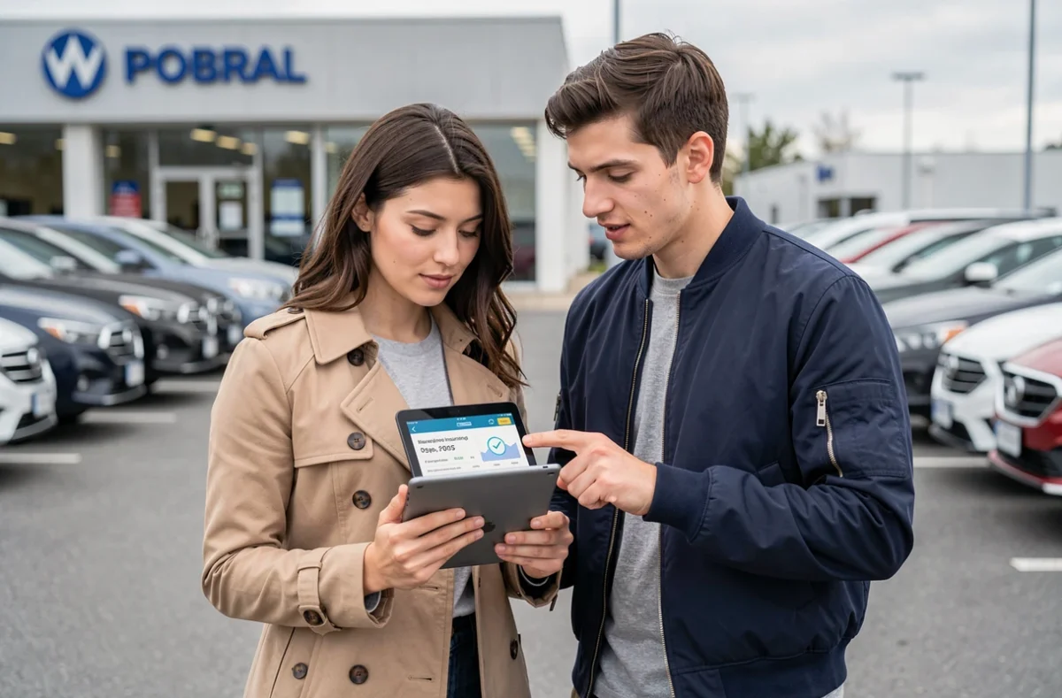 Couple consultant une offre d'assurance auto en ligne sur une tablette dans un parking de concession automobile