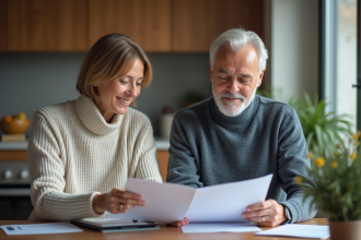 Couple de milieu d'âge vérifiant documents auto dans une cuisine
