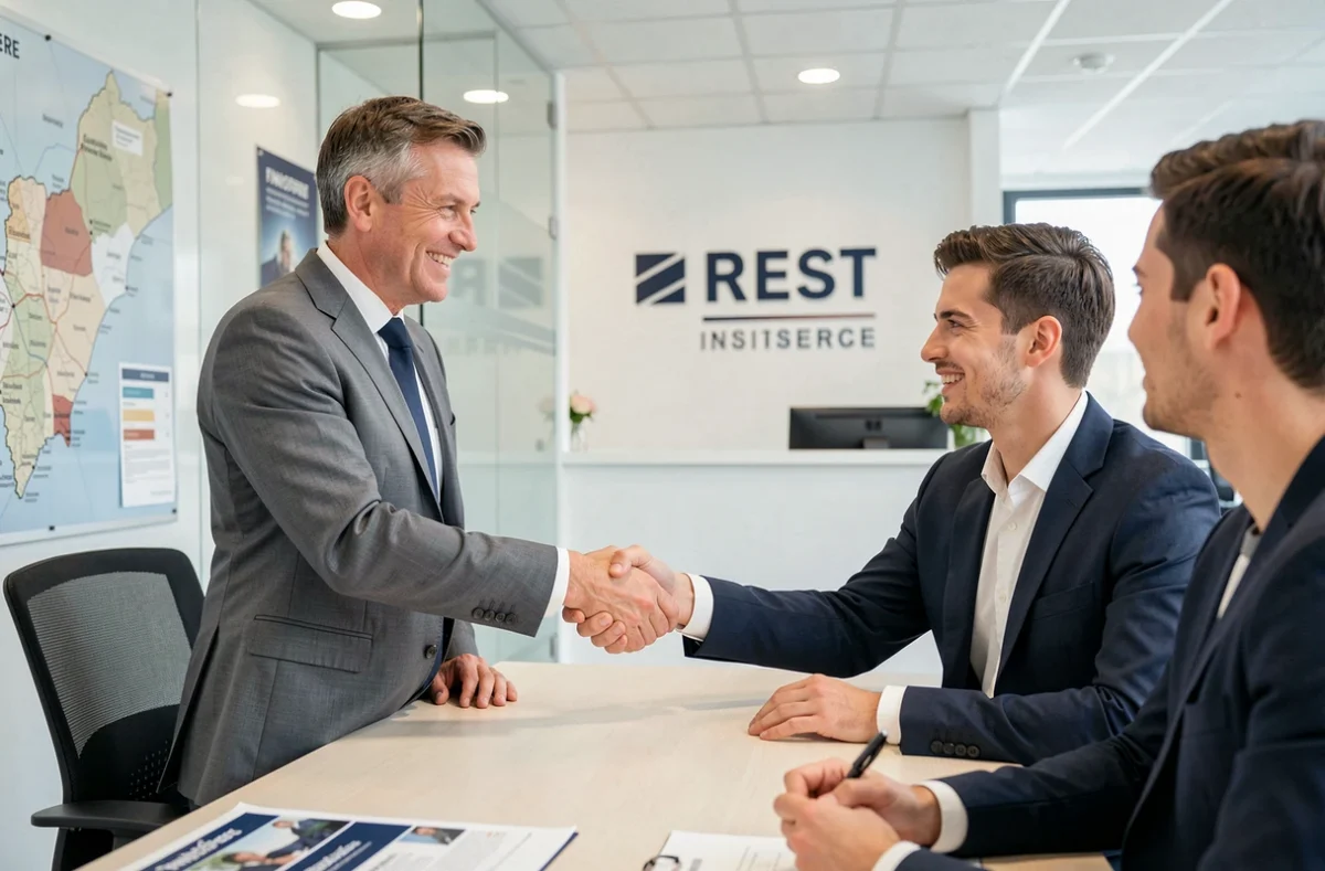 Courtier en assurance auto et client signant un contrat dans une agence à Brest