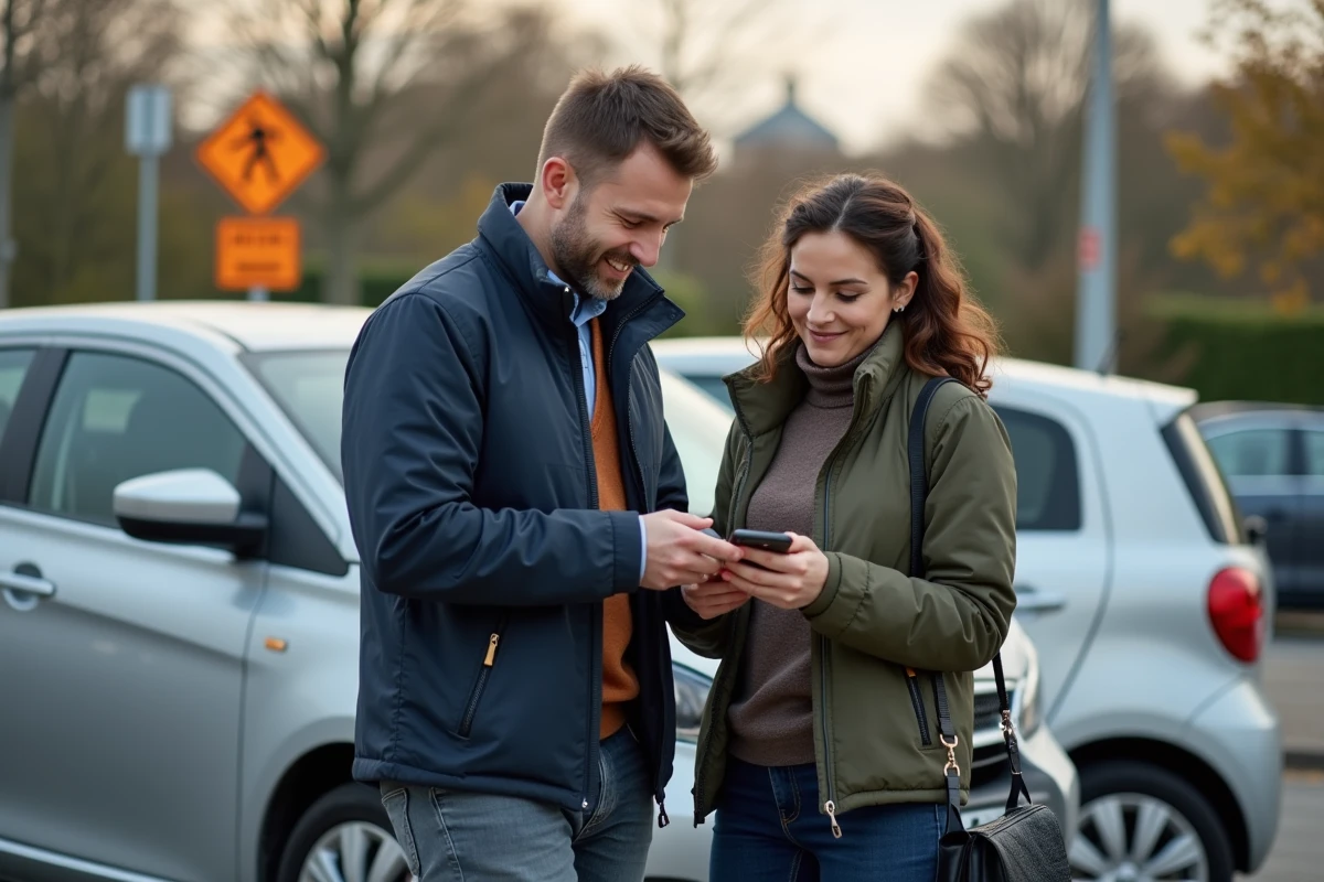 Deux covoitureurs échangeant devant leur voiture dans une aire de covoiturage en France