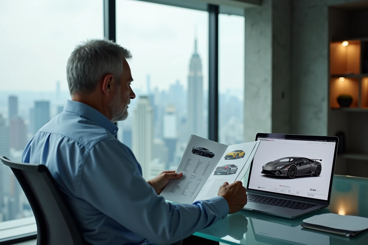 Homme d'affaires comparant les prix et les modèles Lamborghini sur son bureau avec des brochures automobiles, réfléchissant à la meilleure stratégie d'achat