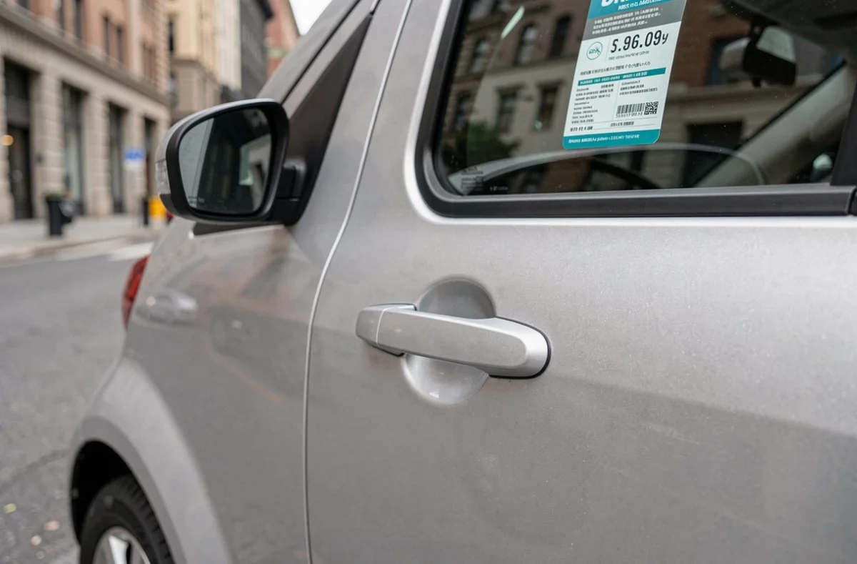 Détail carrosserie neuve d'une voiture sans permis 4 places argentée avec étiquette de prix visible
