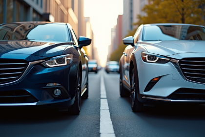 Deux voitures modernes garées côte à côte en ville
