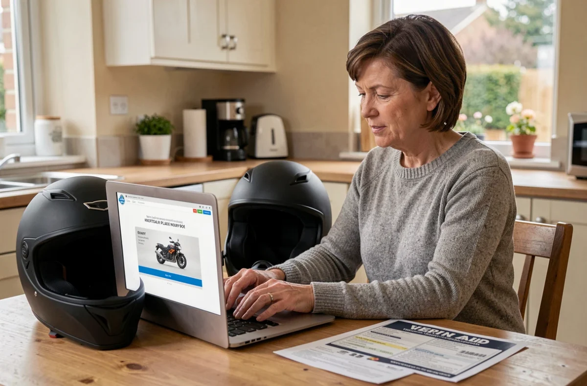 Femme remplissant un formulaire de devis assurance moto en ligne avec plaque d'immatriculation sur ordinateur portable à domicile