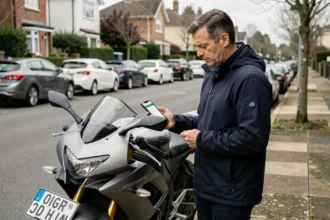 Homme consultant un devis assurance moto sur smartphone à côté de sa moto immatriculée dans une rue résidentielle