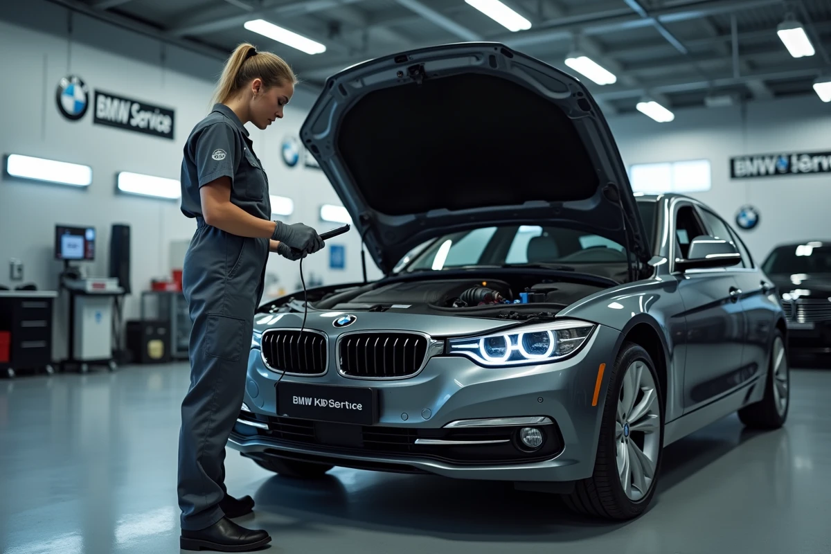 Technicienne BMW effectuant un diagnostic de chaîne de distribution dans un centre de service agréé