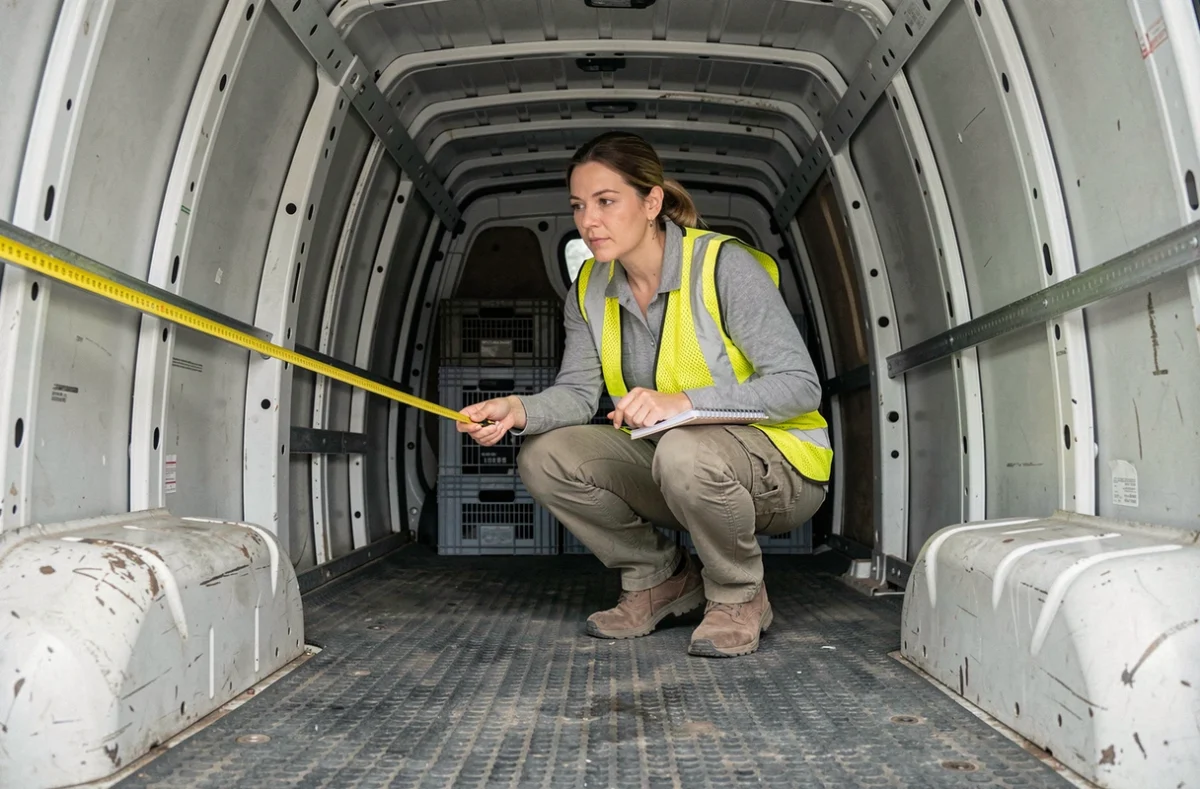 Femme mesurant les dimensions intérieures d'un Renault Trafic L1H1 avec un mètre ruban à l'intérieur du compartiment
