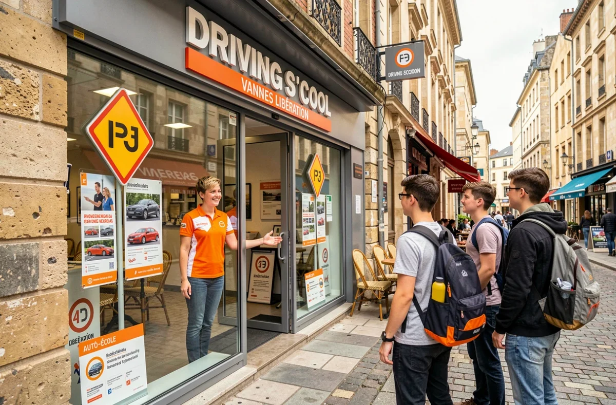 Façade de l'auto-école Driving S'cool Vannes Libération avec des élèves à l'entrée
